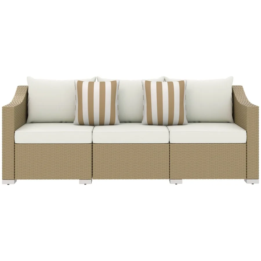 

Rattan Wicker 3 Seater Patio Couch with Cushions 2 Throw Pillows Outdoor Furniture Rattan Sofa Cream White