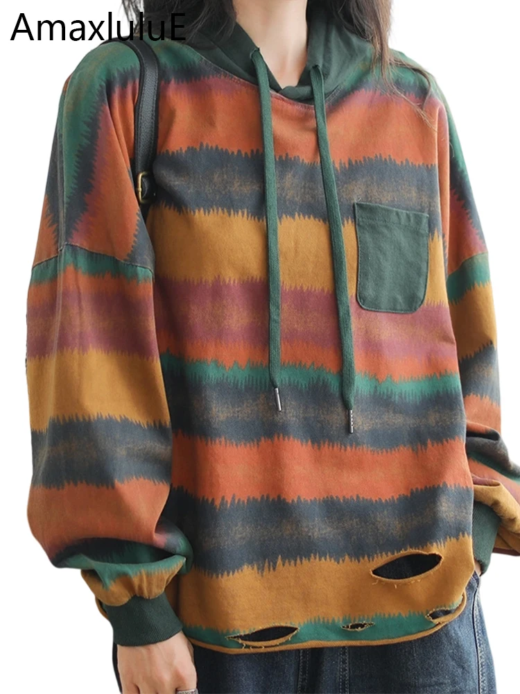 

Amax luluE 2025 Fall Tees Womens Fashion Striped Oversized Hooded T-shirts Casual Holes Design Cotton Tops Classic Loose Clothes