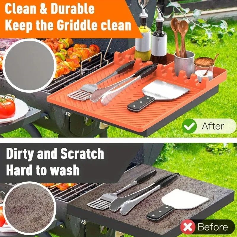 Silicone Grill Mat - Non-Stick BBQ Caddy with Drip Pad Utensils Holder and Spatula Mat for Blackstone Griddle Accessorie