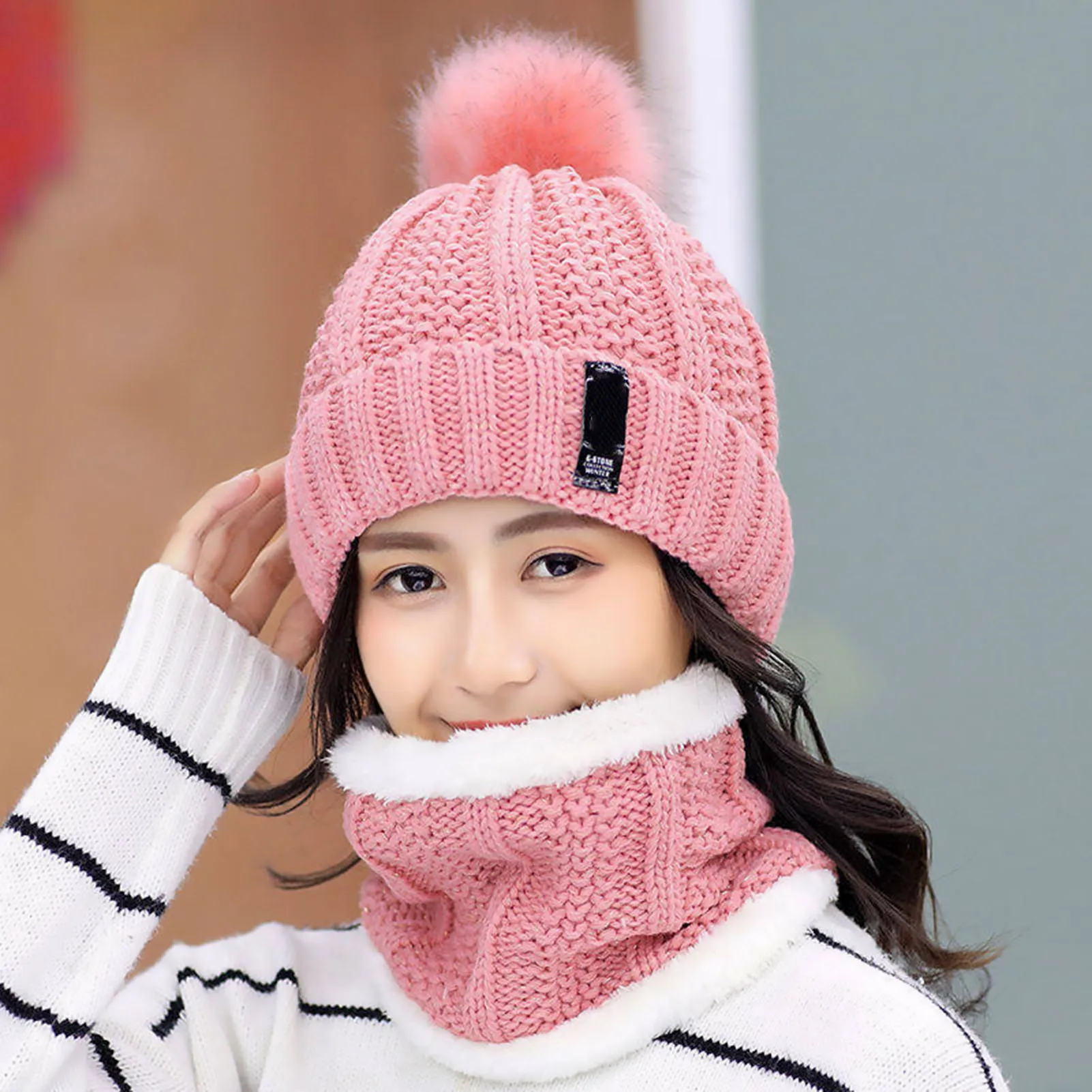 Winter Knitted Scarf Hat Set Women Thick Warm Beanie Skullies Hat Outdoor Riding Sets