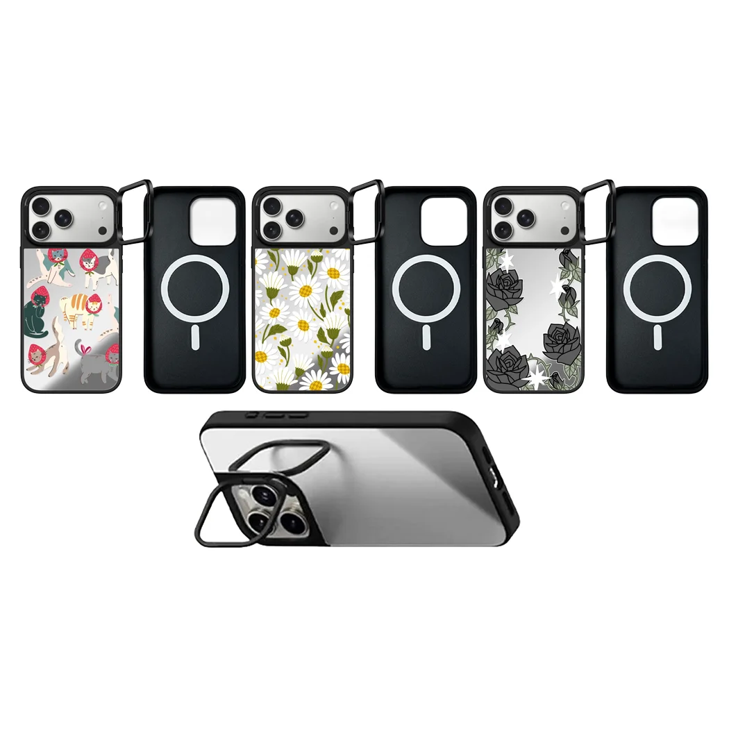 

Creative Daisy Pattern Camera Ring Stand Mirror Surface Phone Cover for IPhone 14 15 16 17 Pro Max Case for IPhone 17Pro