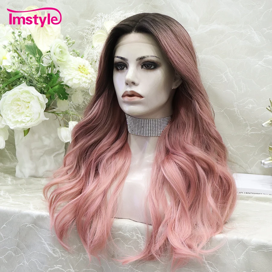 Imstyle Pink Wig Synthetic Lace Wig Middle Part Natural Wavy T Lace Wigs For Women Party Cosplay Wig Heat Resistant