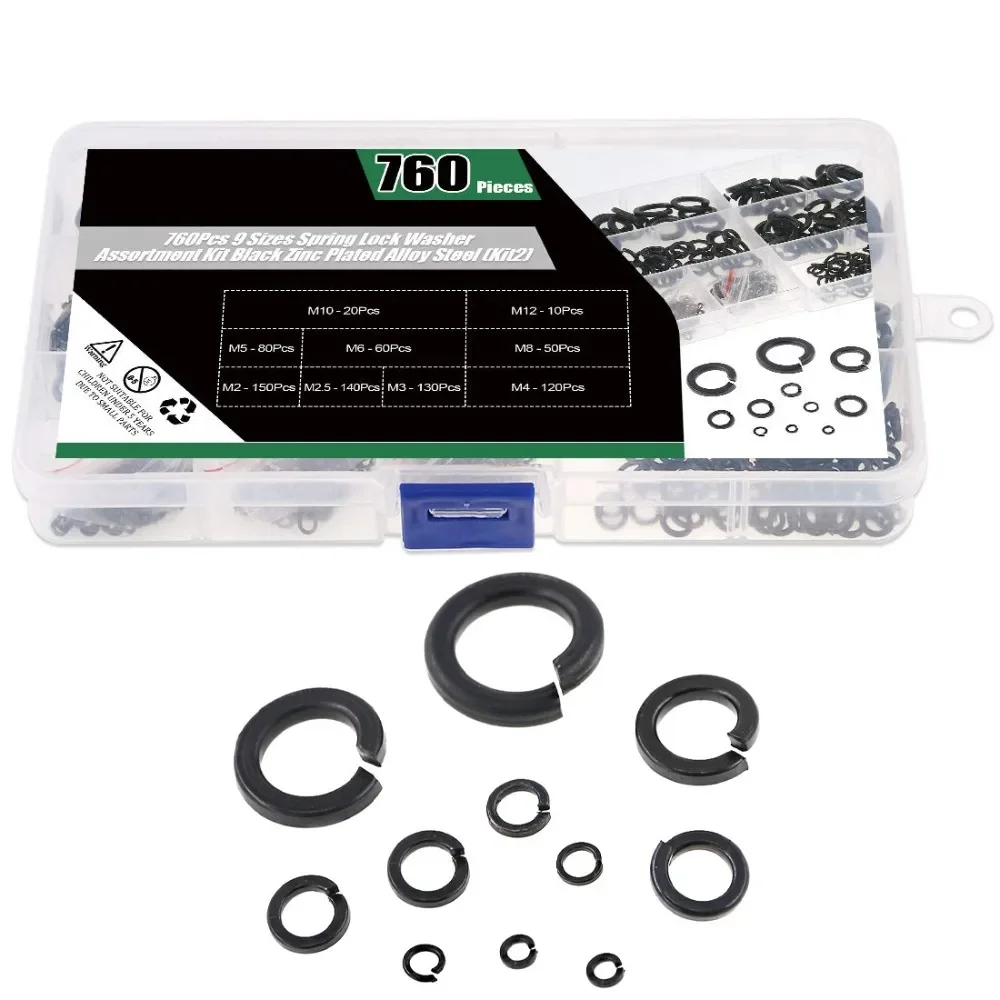 

760 шт. черные оцинкованные шайбы из легированной стали, прокладка, пружинная стопорная шайба, ассортиментный комплект M2 M2.5 M3 M4 M5 M6 M8 M10 M12, стопорное кольцо