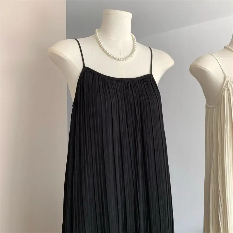 Summer 2023 New Hanging Strap Dress  Korean  Simple Draping Slim Pleated Long Dress  long dresses for women