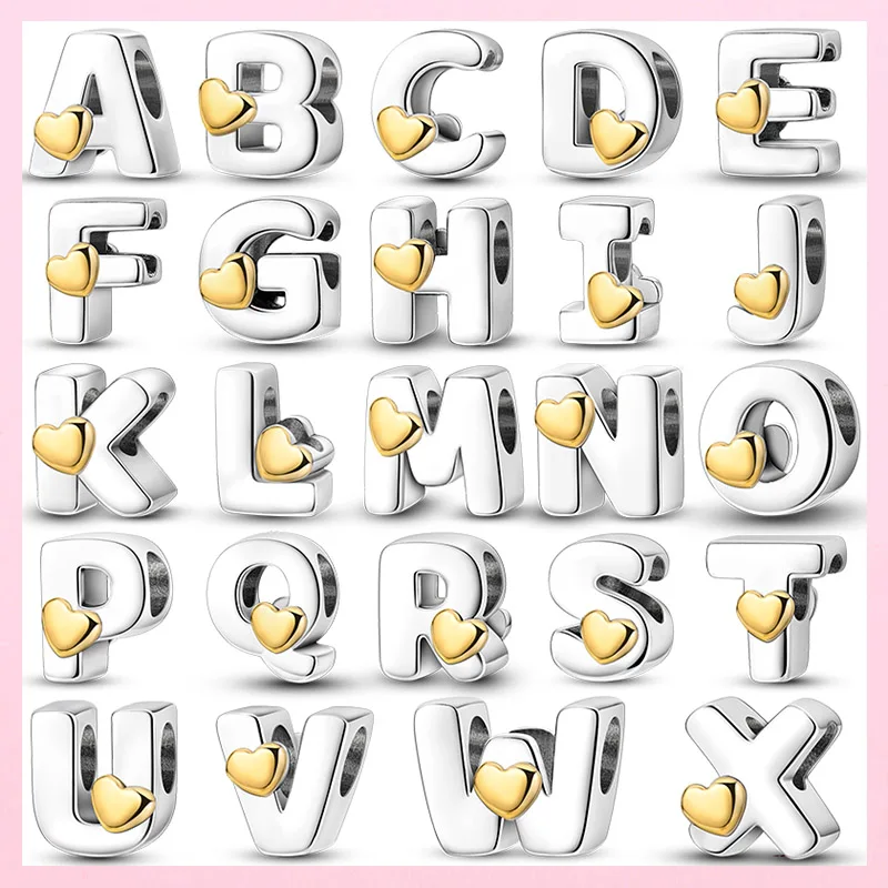 26 A-Z cuentas del alfabeto Plata de Ley 925 dije de letra de amor compatible con pulsera de dijes de marca Original CZ cuentas de circón fabricación de joyas