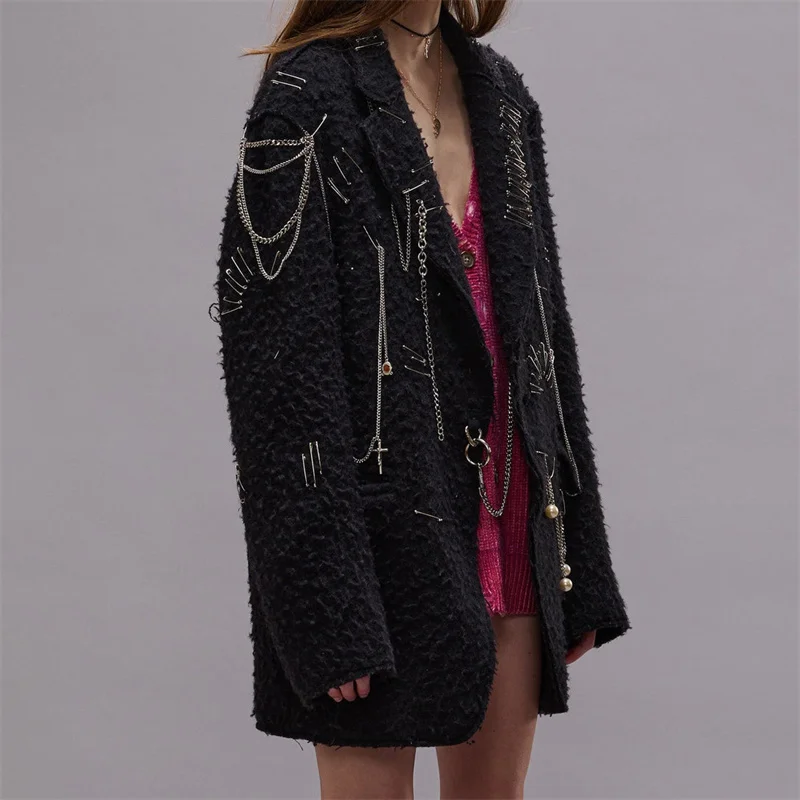 Women's jacket 2025 spring  New outerwears pin chain decoration Women's coats High quality 100% wool women's suit jacket blazers