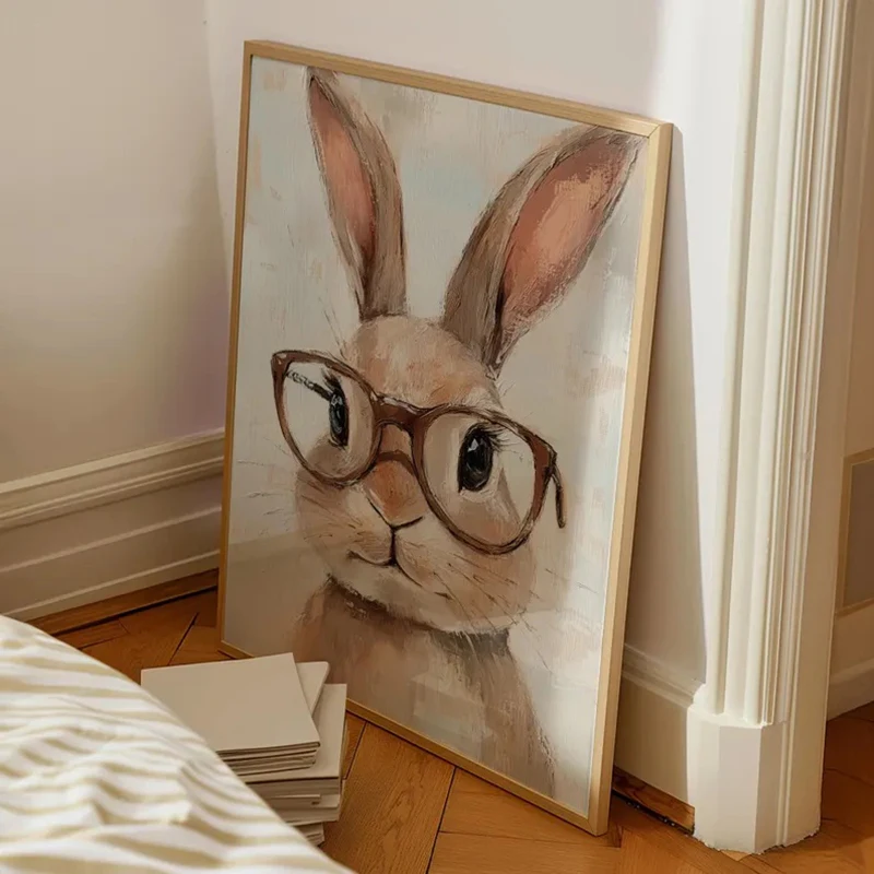 メガネをかけたかわいいイースターバニーのプリント、イースタープリント、イースターアートワーク、春の装飾、イースターアート、フレームレスキャンバスポスターウォールアート