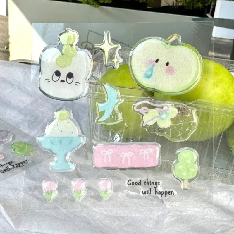 Kawaii INS Summer Green Apple Jelly Stickers, High-value Cat Tulip Waterproof Stickers for iPad Phone Cup