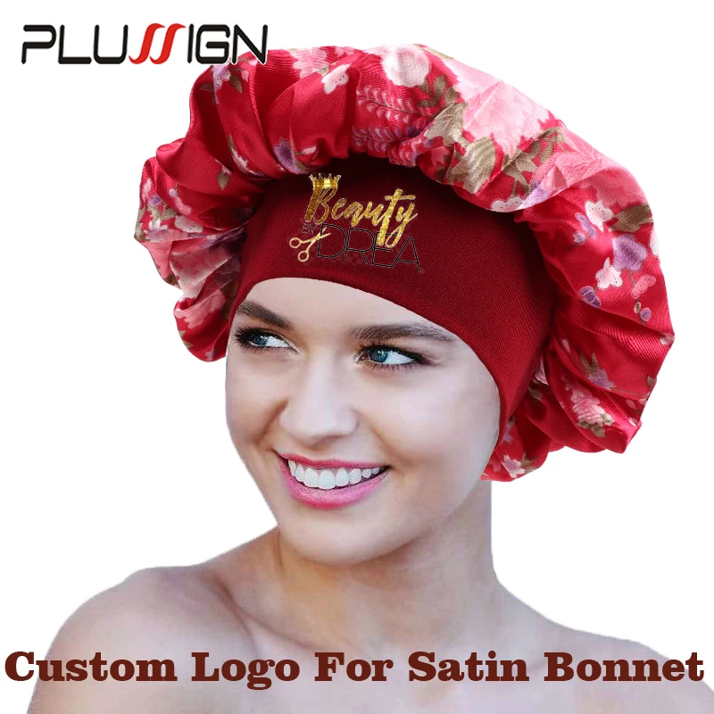 Custom Logo Floral Print Satin Bonnet Wtih Wide Soft Band Silk Bonnet For Curly Hair Large Sleep Cap Bonnets For Black Women