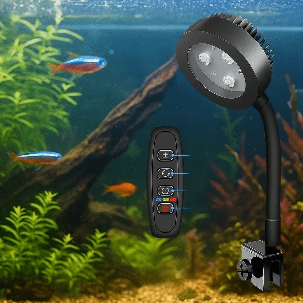 

Adjustable Zoom Mini Clip-on Aquarium Lamp 3 Color Modes 360 Degree Rotation Fish Tank Clip Lamp Energy Saving Waterproof