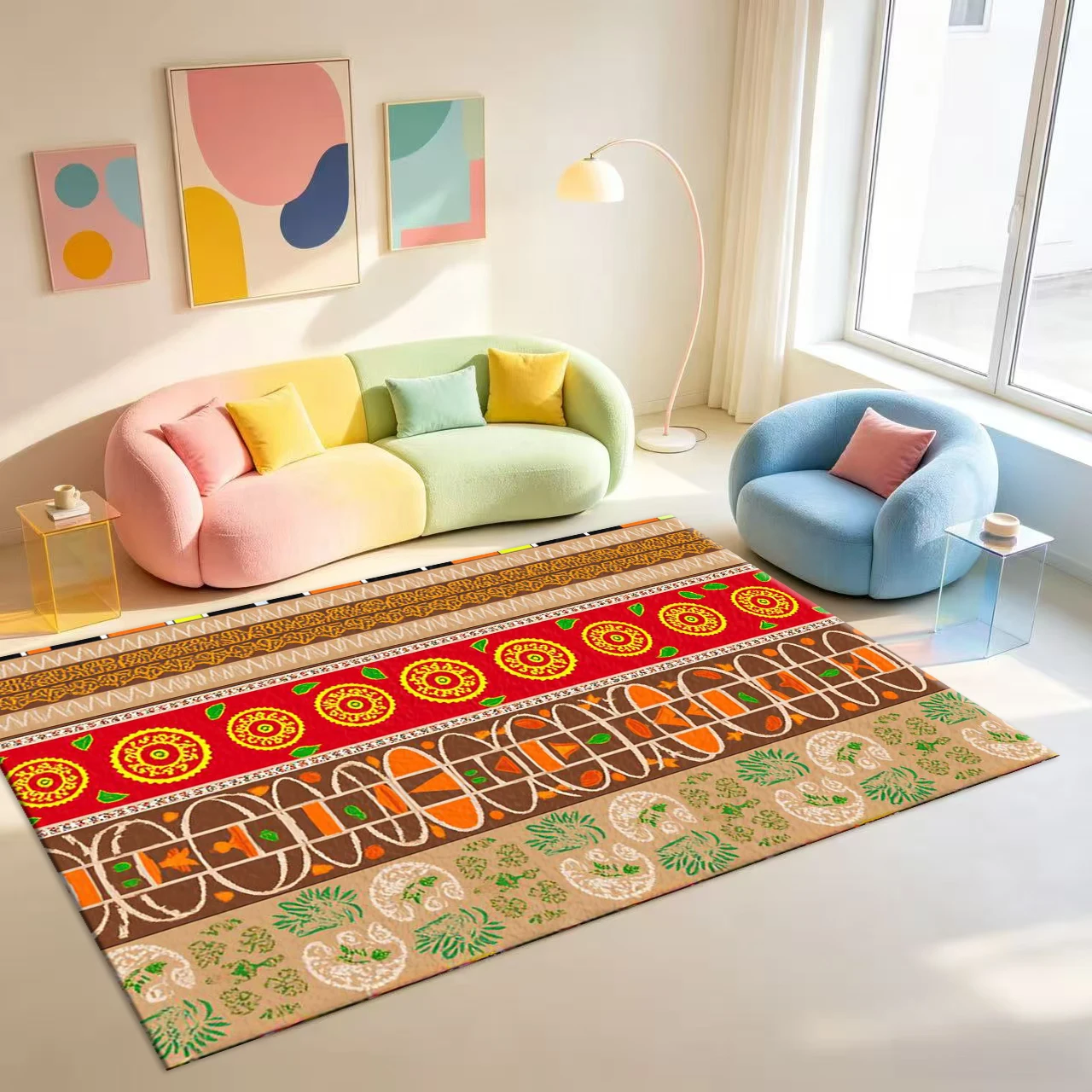 Tribal Geometric Pattern Border Carpet Floor Tile Red Brown Green Traditional Style Home Floor Carpet