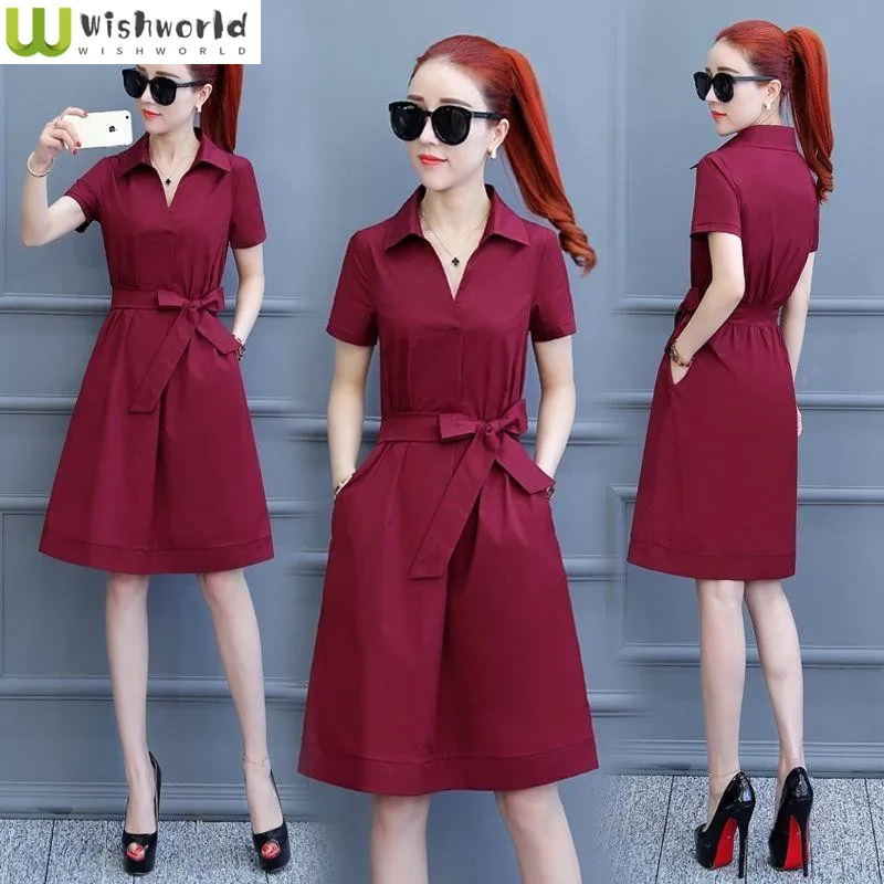 

Korean Style Bow Belt Decorated Suit Collar Cheap Casual Women's Dresses Summer Leisure Elegant Party Dresses for Women 2023