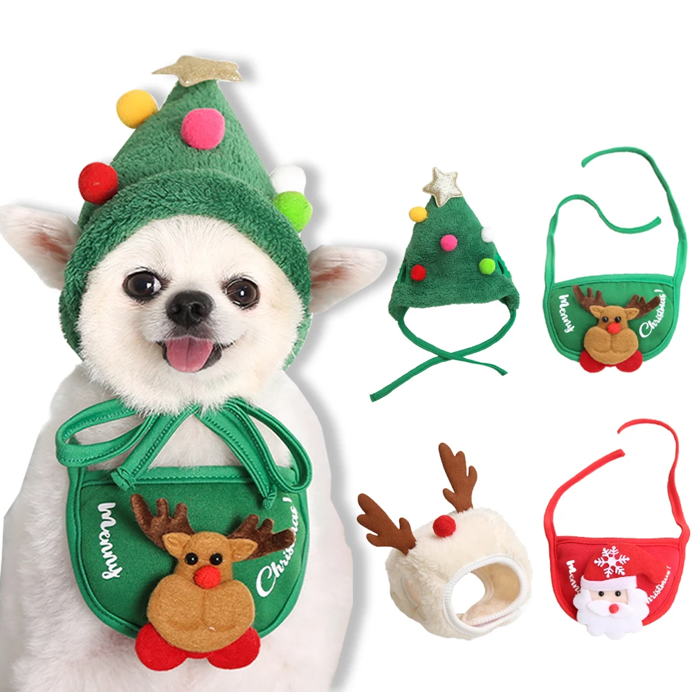 Pet Dog Accessories Chihuahua Christmas Hat Set Cartoon Elk Hat Small/medium Dog Hat Cute Puppy Cat Accessories Suit