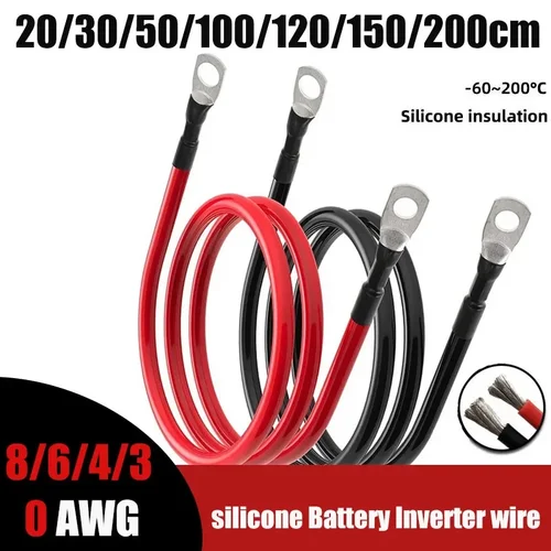 Cable de silicona suave para batería de coche con terminal M6 M8 M10 Rojo Negro 8 6 4 3 0 AWG Cable eléctrico para Auto RV Panel Solar Inversor UPS