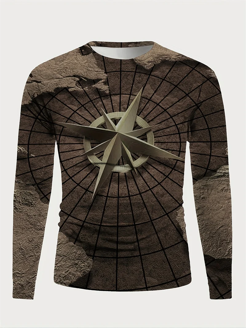 Herfsttrend 3D-kompaspatroon bedrukte heren-T-shirts met lange mouwen Vintage casual ronde hals top mode ademende mannelijke trui