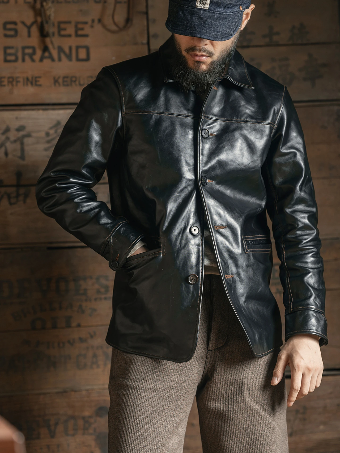 

Rugged Bronson Lot-339 Brakeman Horse Leather Coat Vegetable Tanned Horse Leather Jacket Wool Liner Thick Jacket