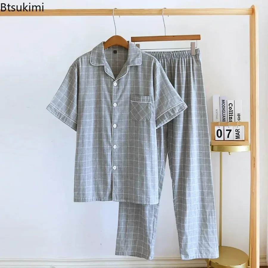 2024 Men's Casual Cotton Two Piece Pajamas Sets Plaid Long Sleeve Homewear Pajamas Pants Sets 100% Cotton Sleepwear Sets for Men