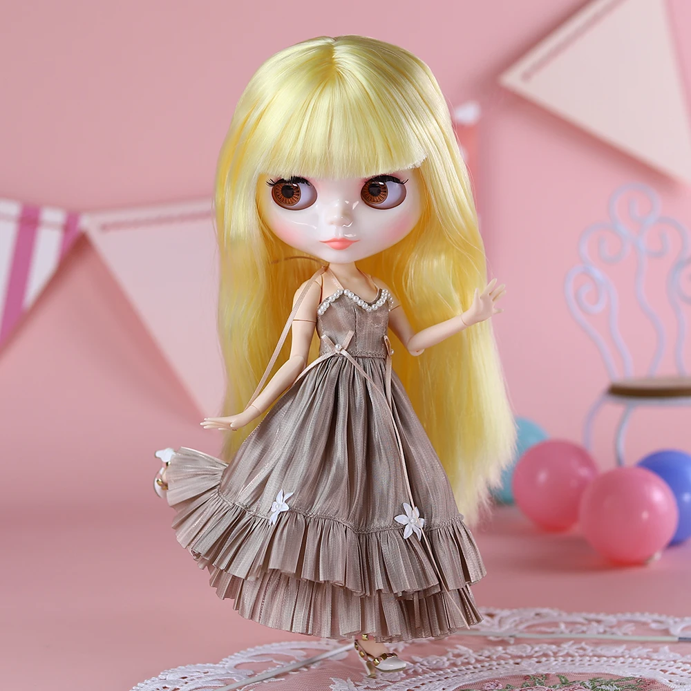Icy dbs blyth pele justa rosto brilhante longo cabelo loiro com franja bjd 30cm boneca incluindo vestido menina festival presente de aniversário