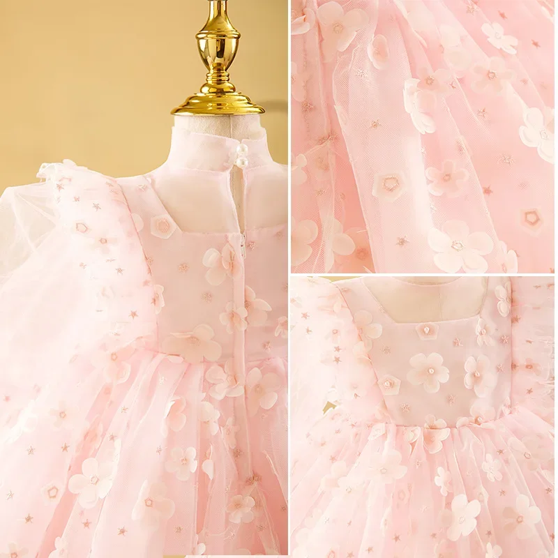 Vestido de baile em camadas de malha personalizado, vestidos de princesa, manga longa, vestido de festa de aniversário infantil, rosa doce, elegante, casamento, flor, meninas