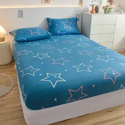 Queen Bed Sheets for Double Bed Blue Stars Printed Fitted Sheets Thick Brushed Fabric Double Mattress Cover (without pillowcase)