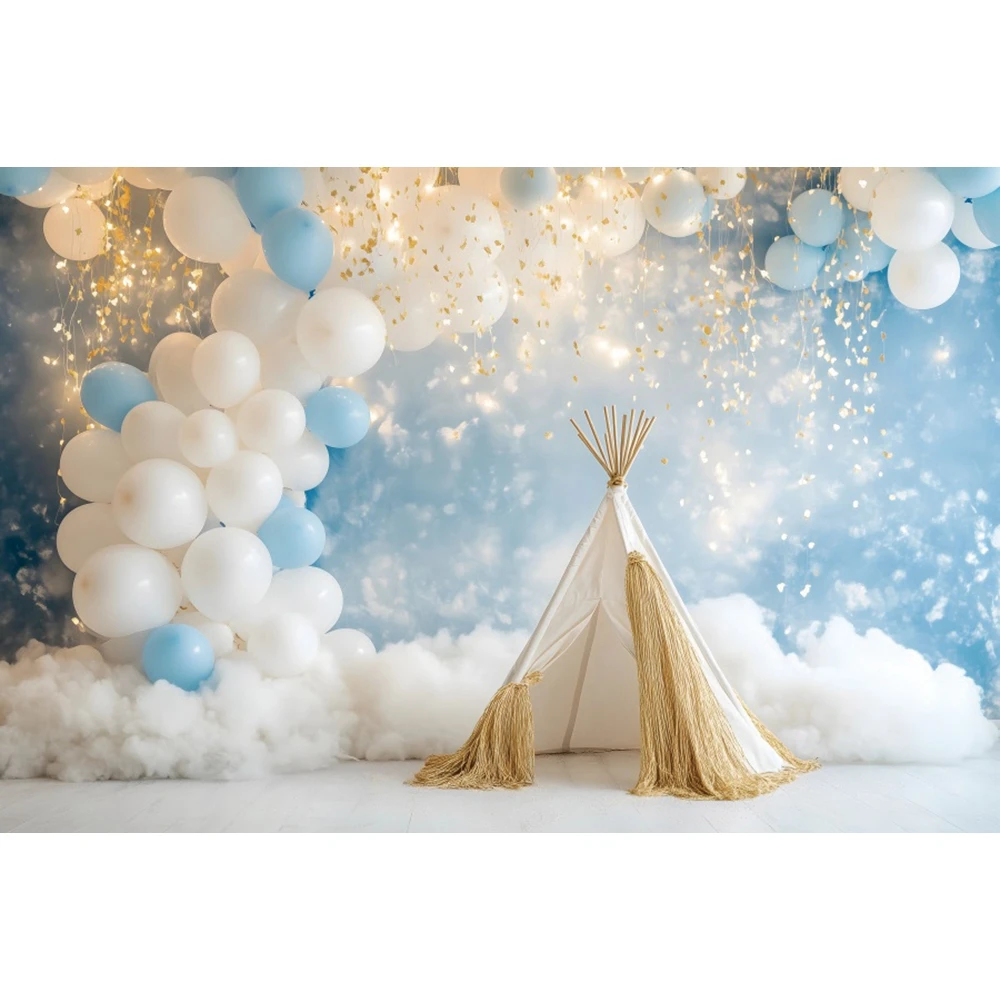 Blue Sky Clouds Hot Air Balloons Background for Photography Props Baby Shower Cake Smash Boy 1st Birthday Backdrop Banner