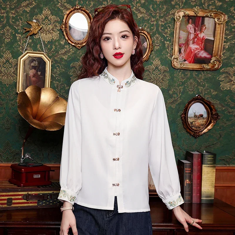 Women's Size New Chinese Style Standing Collar Embroidered Shirt for Women's Spring with A Versatile and Slimming Design