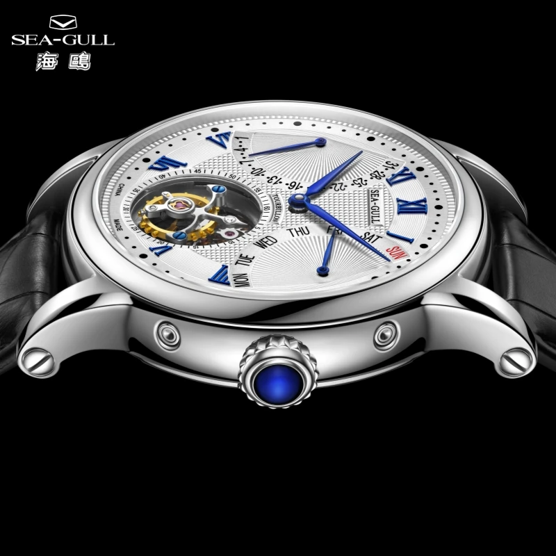 Seagull relógio mecânico automático turbilhão 43mm data dupla relógios de pulso masculinos de luxo cristal safira marca superior reloj st8004zs