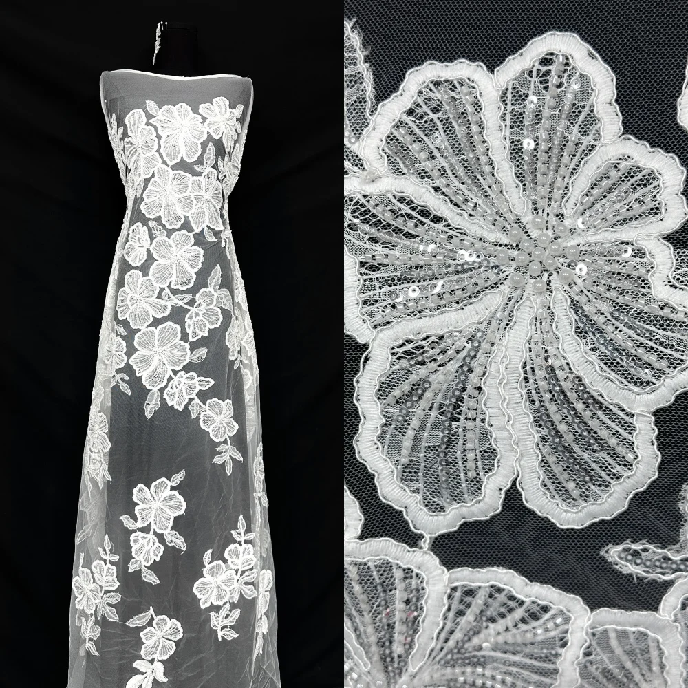 

Белая роскошная африканская нигерийская высококачественная кружевная ткань с вышивкой бисером и французскими блестками для женских свадебных платьев