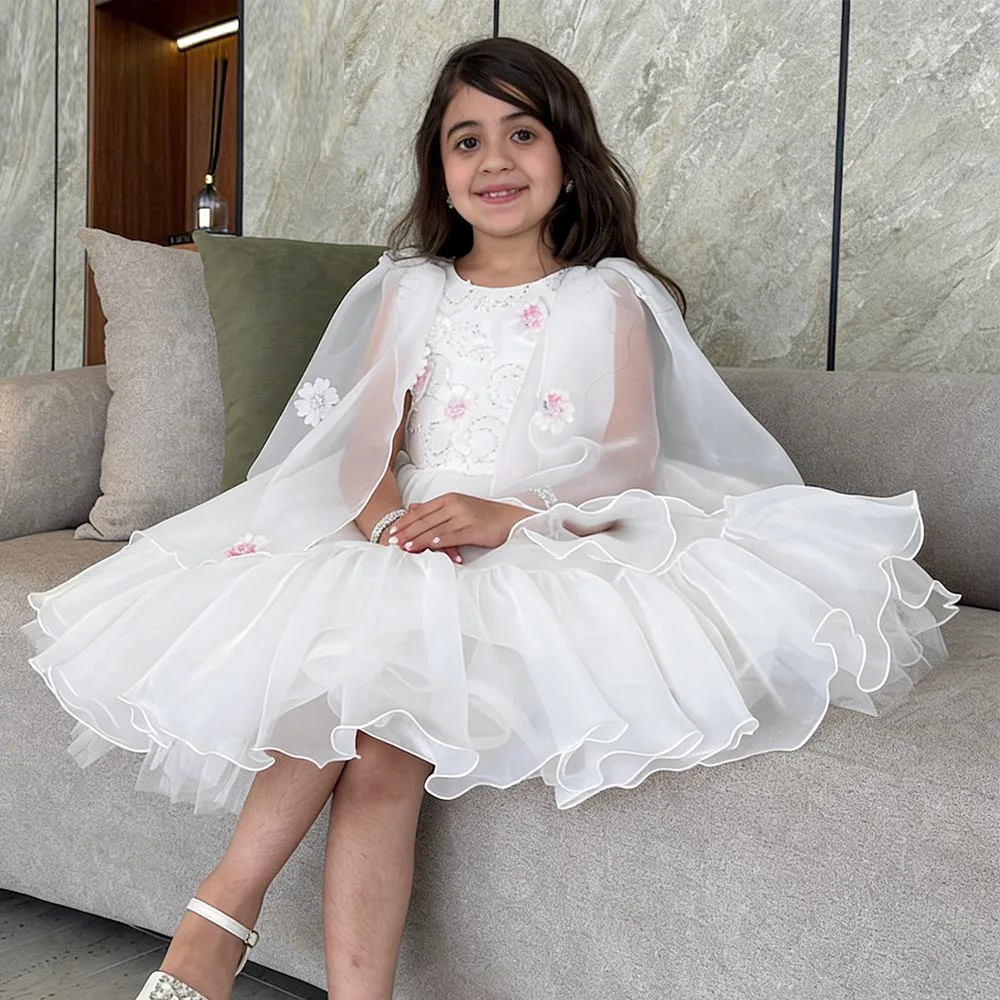 

Organza Flower Girl Dresses With Cloak Dress For Girls A-line Birthday Dress Short Girl Princess Dress Ivory Cute Kids' Dresses