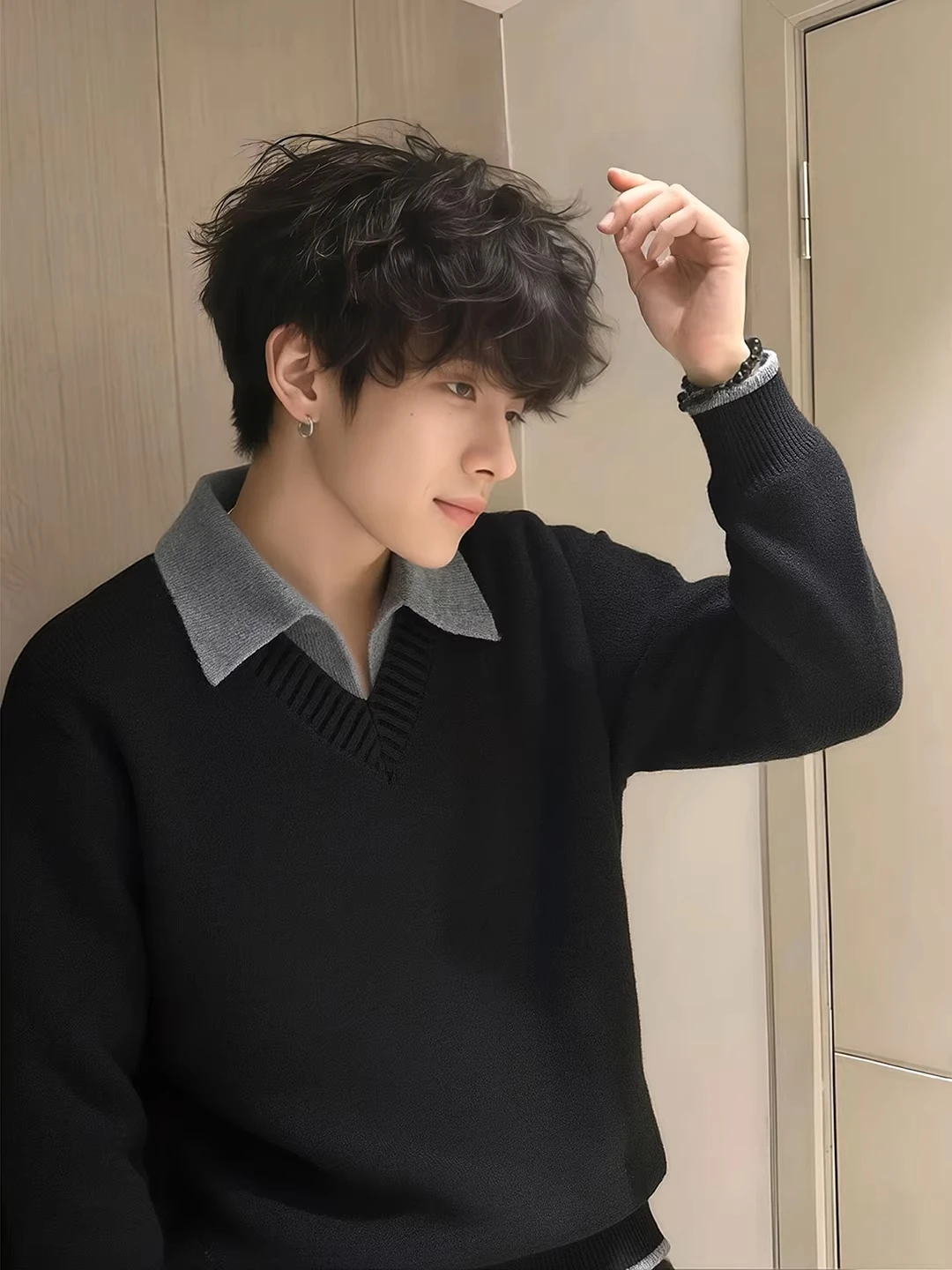 

Bla Mo Two-Piece Collared Sweater Men's Winter Base Layer American Retro Lazy Sle Knitted irt Casual Loose Fit