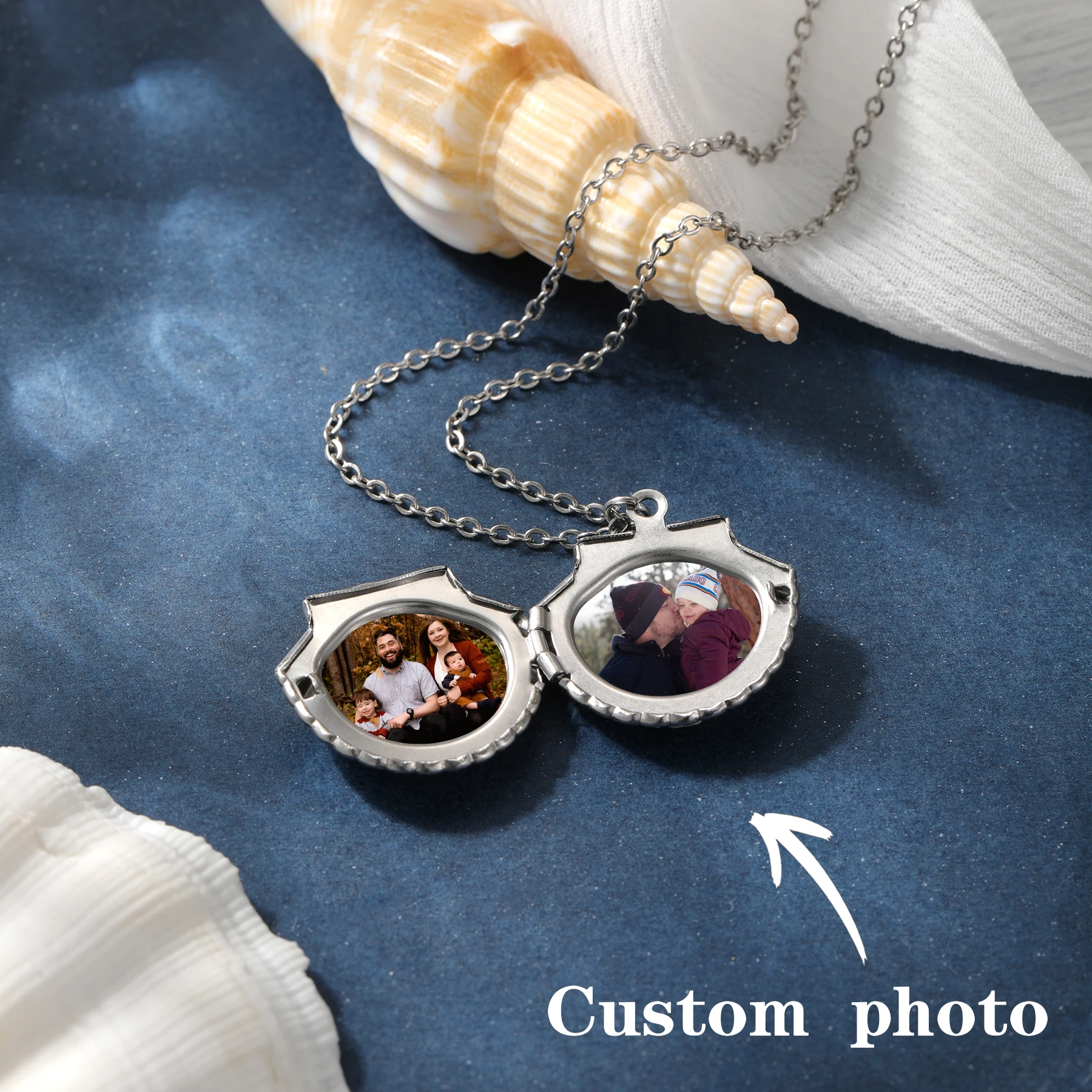 

Personalised Sea Shell Locket Necklace Custom Photo Locket Stainless Steel Pendant Necklace with Shell Charm Gift for Girlfriend