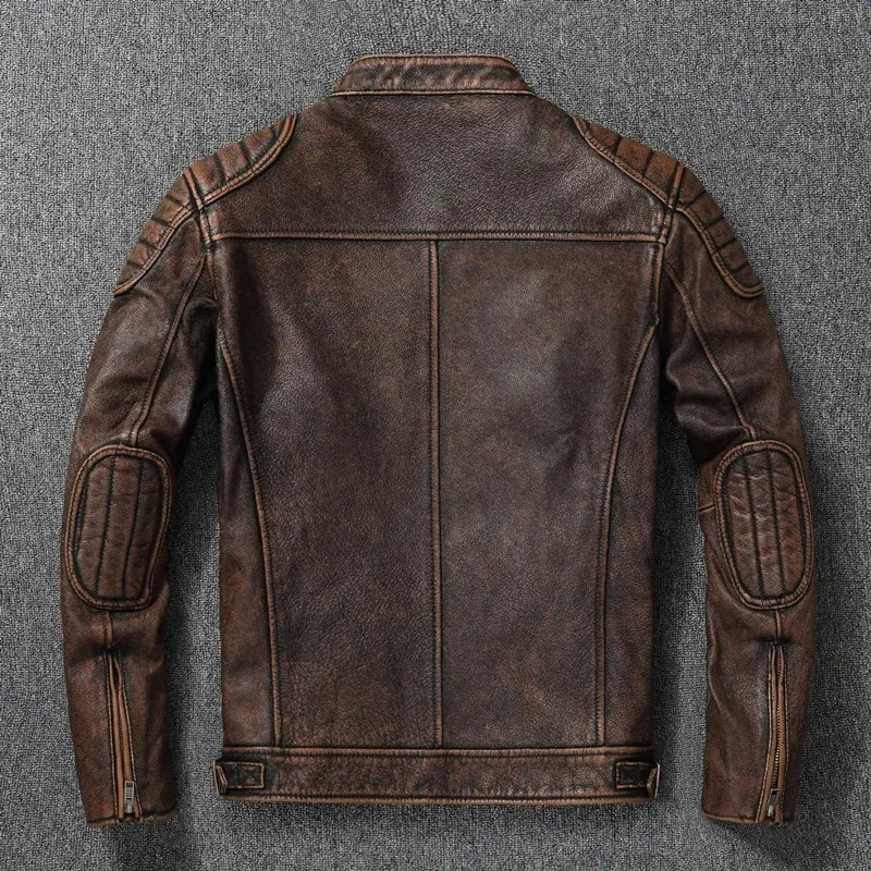 Italian Oil Wax Vegetable Tanned Bark Pattern Sheepskin Genuine Leather Jacket Men'S Motorcycle Standing Collar Leather Jacket - view 6