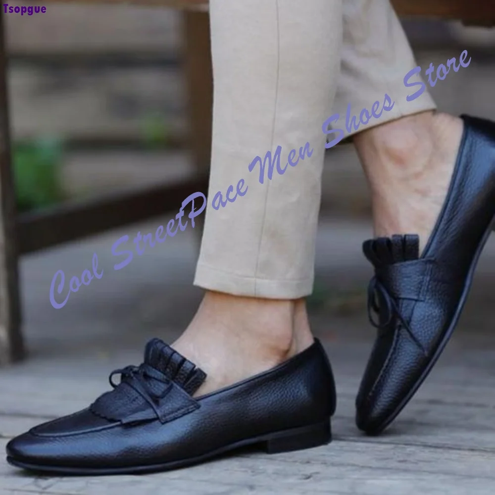 Men's Black Front Fringe Bow Knot Loafer Shoes Slip‑on Flat with Retro Daily Commute Business Casual Party Shoes 2026 Men Shoes