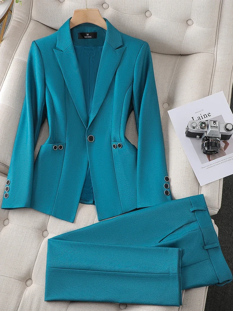 Ladies Blazer and Pant Suit Formal Green Purple Blue Black Solid Women Jacket Trouser Female Business Work Wear 2 Piece Set ERFR