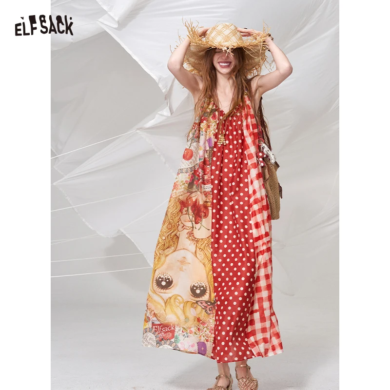 

ELFSACK Cute Doll Print Maxi Dress, Y2K Red Polka Dot & Plaid Patchwork Halter Dress, Summer Dress for Beach & Streetwear