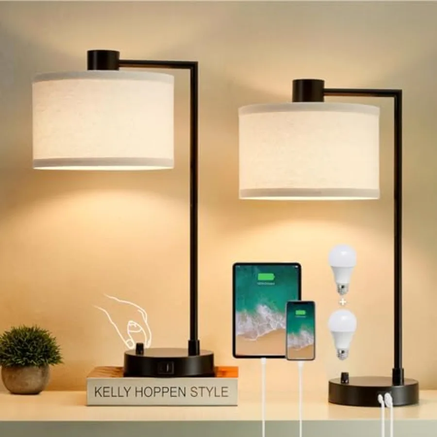 

Table Lamp for Bedroom Set of 2 with USB C+A Ports, Fully Stepless Dimmable Bedside Lamp with Linen Lampshade, Contemporary Lam