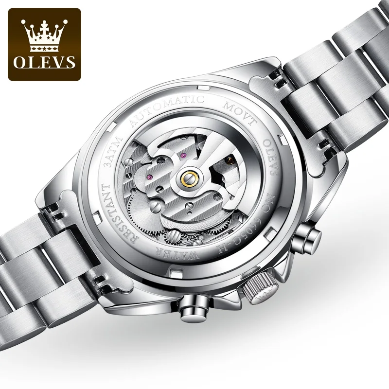 OLEVS Men\'s Mechanical Watches Waterproof Business Stainless Steel Strap Wristwatch Skeleton Automatic Watch for Man Calendar