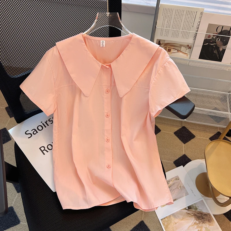 

Summer Korean Puff Sleeve Blouse Chic Solid Blusas Femme Sweet Peter Pan Collar Doll Ladies Tops Shirt Camisas Mujer