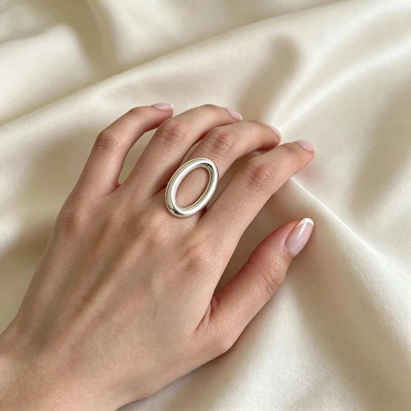 GANPUP Einfacher Hohler Ovaler Verstellbarer Fingerring für Damen, Modischer Neuer Silberfarbener Ring, Schmuckgeschenk für Party und Büro кольцо – Detail 5