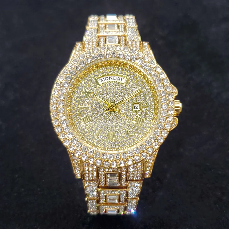 Luxury Diamond Watch for Men Fashion Bling Iced Out Day Date Watches Hip Hop Golden Stainless Steel Quartz Man Clock Hot Sale
