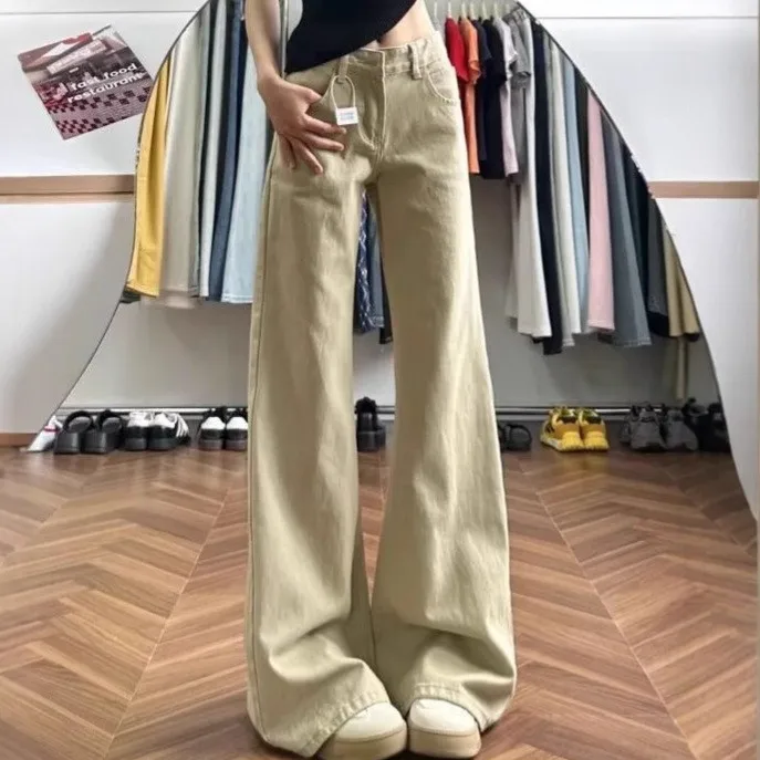 

American Style Loose Women's Jeans High Waist Casual Wear Fleece Lined Bell Bottom Ankle Length Trousers for Autumn