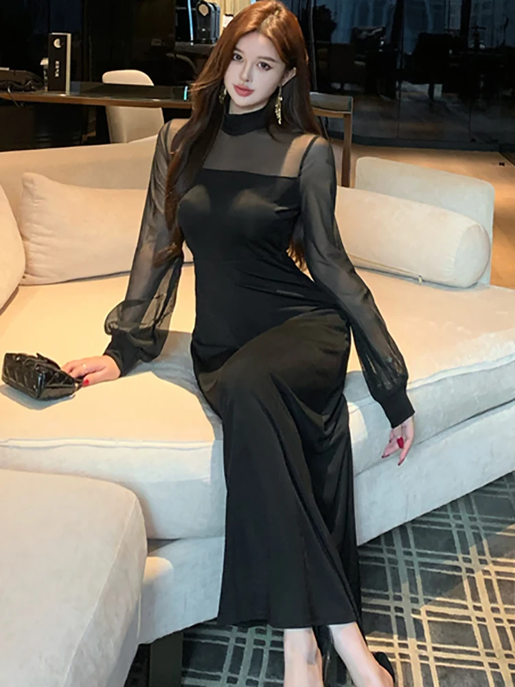 Vestido largo Sexy transparente de malla con parches negros para mujer, vestido de noche Vintage Hepburn 2025, vestido de fiesta ajustado coreano para Otoño e Invierno