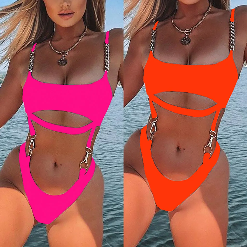 Brazylijski jednoczęściowy strój kąpielowy Monokini 2024 Sexy Neon Bikini wysoko wycięte stroje kąpielowe Bandeau kółko łańcucha body kostium