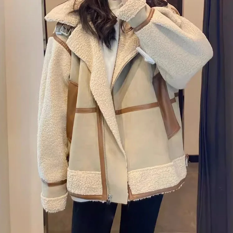 Autumn Winter Thickened Lamb Fur Jacket Women's Street Style Standard Fit Zipper Closure Long Sleeve Stand Collar Coat