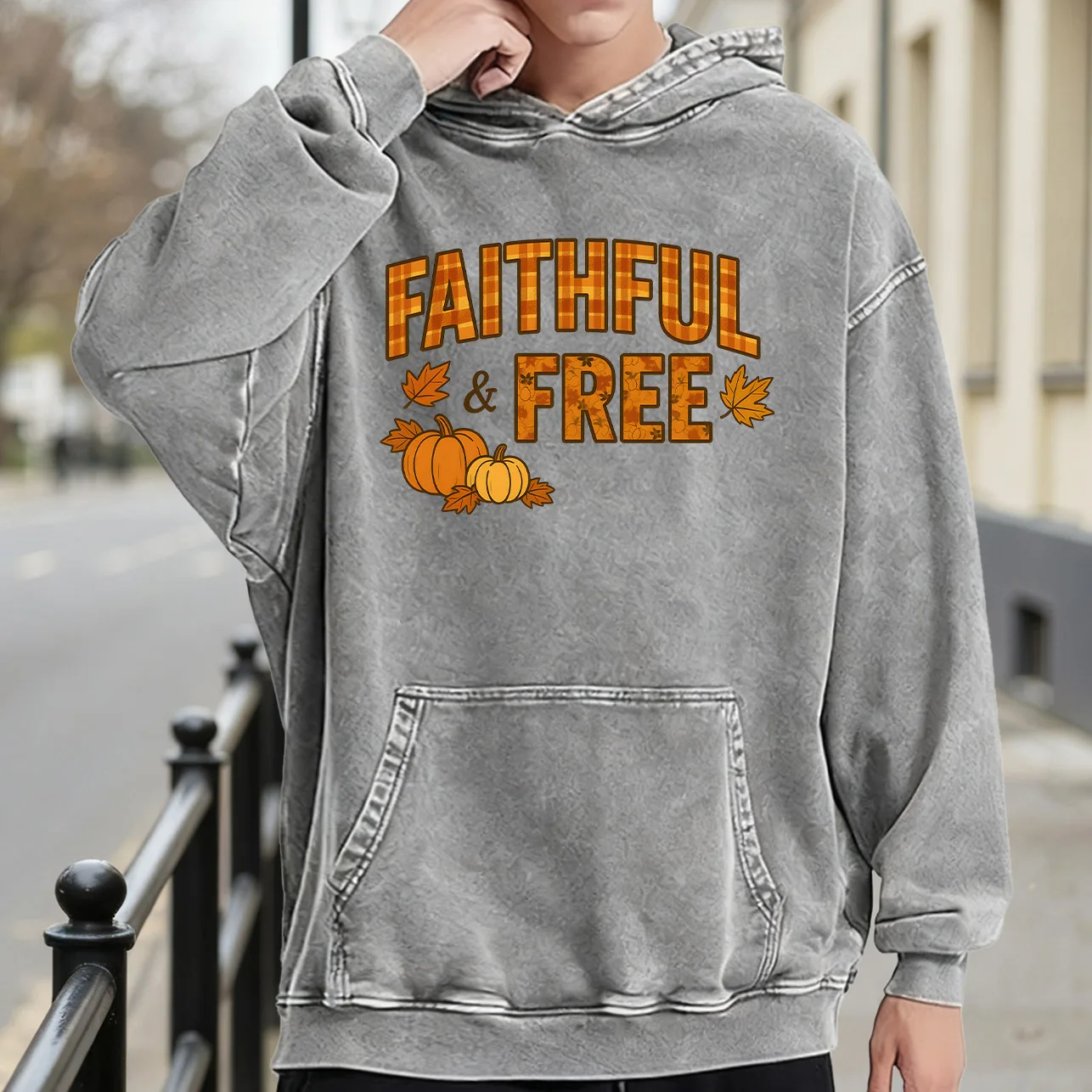 Faithful and Free Men's Vintage Washed Graphic Hoodie, Retro Distressed Pullover, Streetwear Casual Sweatshirt