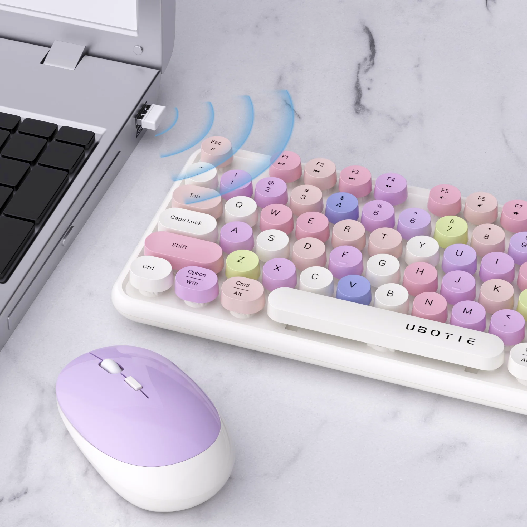 UBOTIE Colorful Wireless Keyboard and Mouse Combo 104 Keys Round Retro Keyboard with Number Pad Typewriter Good Gift for Girl