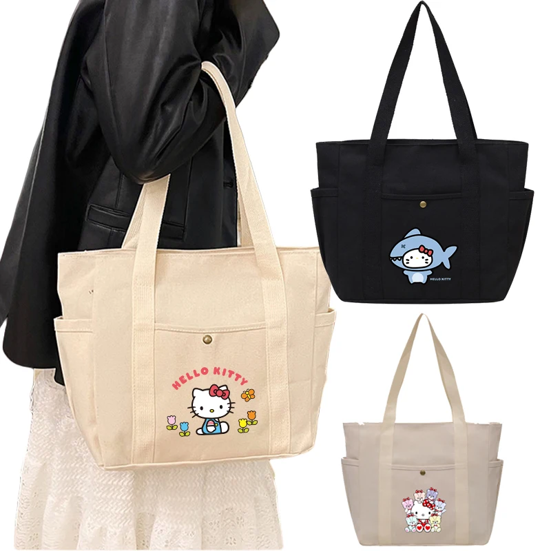 

Модная сумка-тоут в стиле аниме «Hello Kitty», кавайная сумка с рисунком девчачьего сердца, большая вместительная холщовая сумка для студентов, сумка для хранения канцелярских принадлежностей