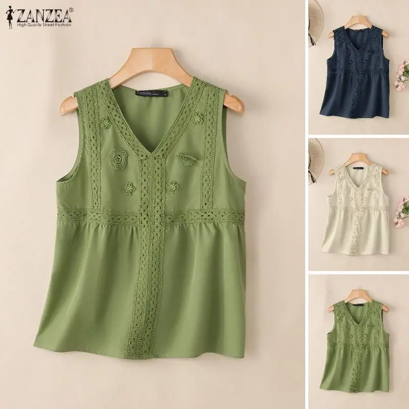 ZANZEA Sommer-Tanktops ohne Ärmel, stilvolle Damen-Tops mit V-Ausschnitt, elegante Spitzen-Patchwork-Urlaubsbluse, lässige, lockere Strand-T-Shirts