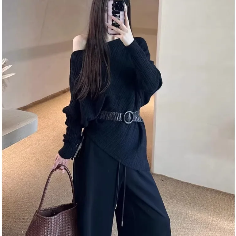 

Korean Style Asymmetrical One-Shoulder Knitwear Women's Fashion Early Autumn Top Small Size Beautiful Spring Autumn
