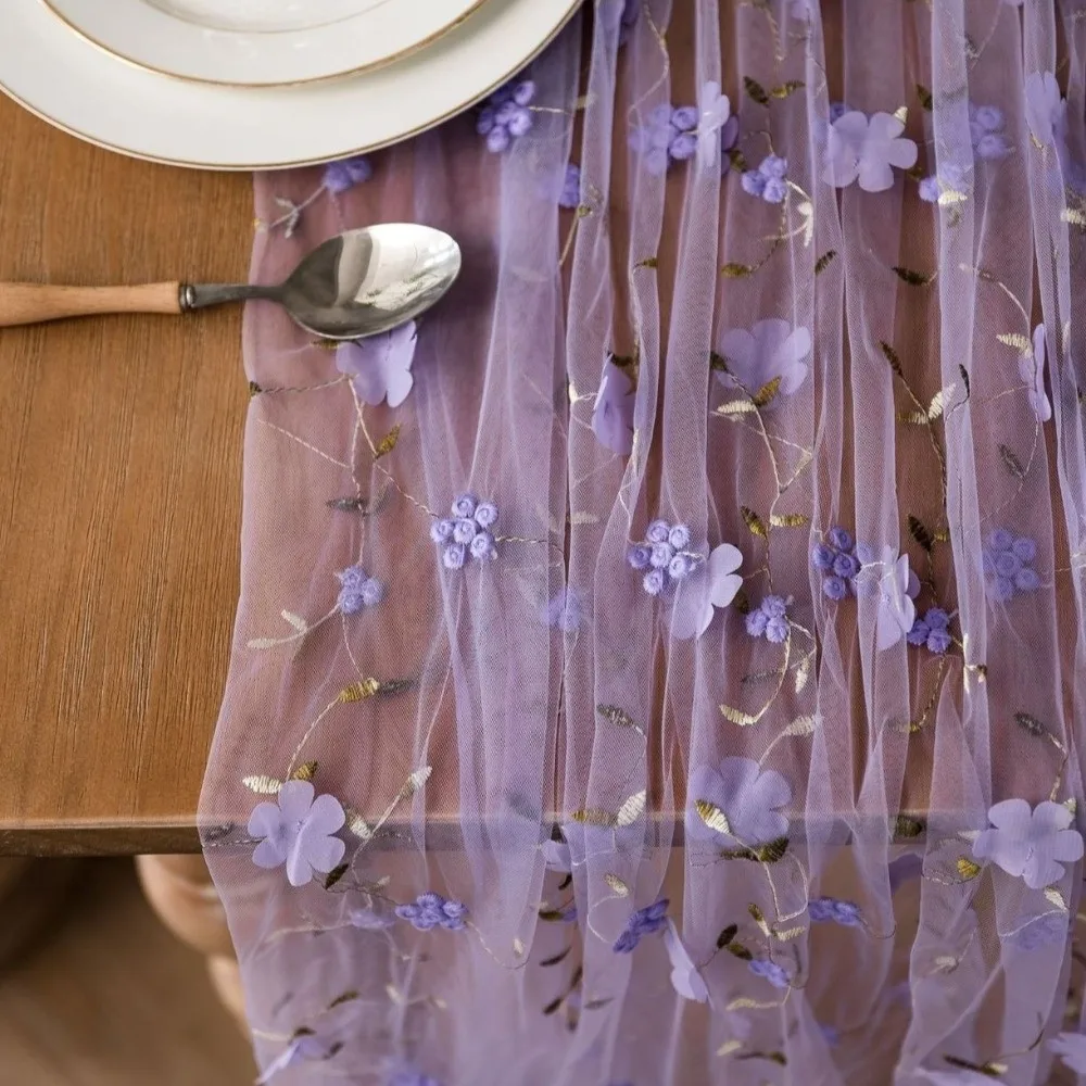 Semi-Transparent Tulle Table Runner French Style Romantic Floral Tablecloth Polyester Retro Gauze Tablecloth Photography Prop